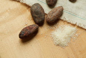 cacao beans and unrefined organic vegan sugar sitting on a wooden table