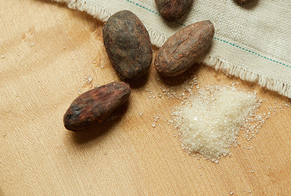 cacao beans and unrefined organic vegan sugar sitting on a wooden table